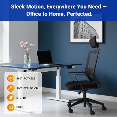 Modern office setup with desk, chair using Beefy 5.5 Inch Short Office Chair Cylinder Replacement With Heavy Duty 1000lbs Class 4 Hydraulic Lift.