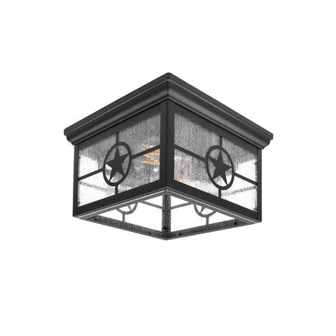 Country Star Square Two Light Farmhouse Ceiling Mount Fixture Outdoor Ready With Dusk To Dawn Photocell open bottom black seedy glass
