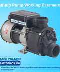 Heavy Duty 1 Point 5 Horsepower Bath Pump And Hot Tub Replacement Motor At 110 Volts With One Point 5 Inch Port Featuring Pure Copper Windings with working parameters.
