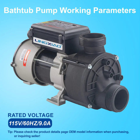 Heavy Duty 1 Point 5 Horsepower Bath Pump And Hot Tub Replacement Motor At 110 Volts With One Point 5 Inch Port Featuring Pure Copper Windings with working parameters.