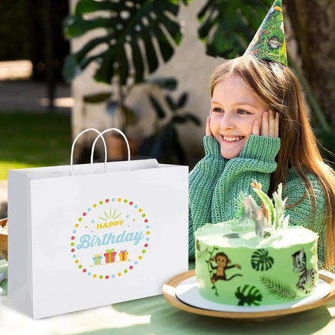 White Kraft Paper Gift Bags Bulk 300 Pack With Handles 16x6x12 Reusable Eco Friendly Recyclable For Biz Grocery Birthday Wedding Kids Party Favors Today next to a child and birthday cake