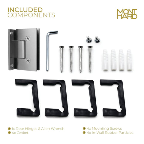 Heavy Duty 90 Degree Shower Door Hinge In Brushed Nickel, Full Back Plate, Fits 3/8 To 1/2 Inch Glass with screws and gasket