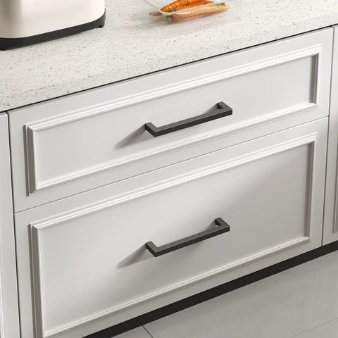 Black Square Bar Cabinet Pulls Set of 10 Stainless Steel Modern Kitchen and Bath Drawer Handles on white cabinet drawers.