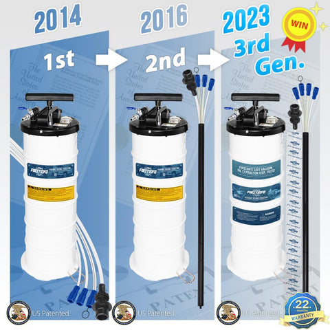 Oil Vacuum Extractor For Cars, 9L Capacity With Pneumatic And Manual Modes displayed as evolution from 2014 to 2023