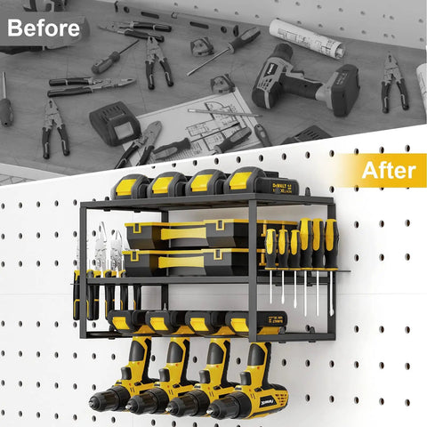 Power Tool Organizer For Wall Mounted Garage, 4 Drill Holders, Floating 3 Layer Tool Rack showing tools neatly stored on wall