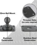 Close-up of Beefy 4 Hole AMPS Base Mount With 20mm Ball, Metal Backing Plate, Vibration Dampening Pad, installation hardware shown