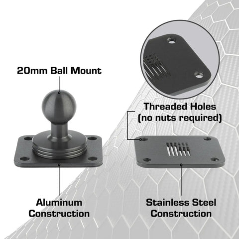 Close-up of Beefy 4 Hole AMPS Base Mount With 20mm Ball, Metal Backing Plate, Vibration Dampening Pad, installation hardware shown