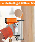 Ultra Lightweight Pneumatic Pin Nailer For Custom Woodworking in use, demonstrating precise nailing on wood with no visible marks.