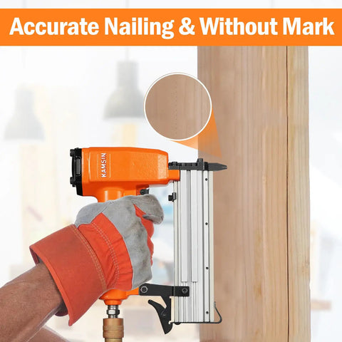 Ultra Lightweight Pneumatic Pin Nailer For Custom Woodworking in use, demonstrating precise nailing on wood with no visible marks.