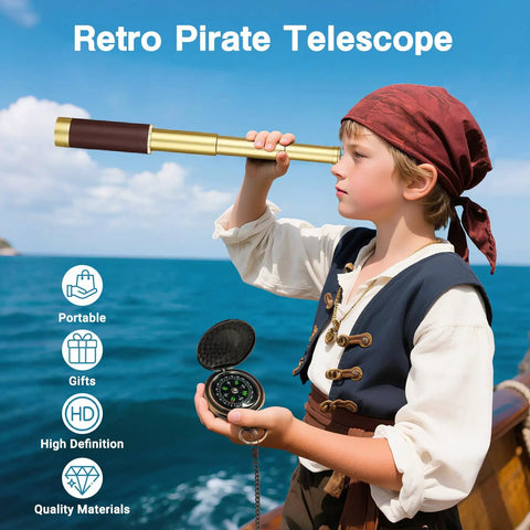 Old School Retro Pirate Spyglass 25x30 Portable Collapsible Telescope Handheld Monocular With Compass Vintage Style For Camping Hunting Boating Gifts And Outdoor Adventure, boy holding brass spyglass and compass on boat