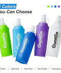 Soft TPU Water Bottle 480ml BPA Free Collapsible Leak Proof Hydration Flask in five colors: green, light blue, dark blue, purple, and white.