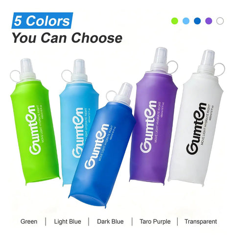 Soft TPU Water Bottle 480ml BPA Free Collapsible Leak Proof Hydration Flask in five colors: green, light blue, dark blue, purple, and white.