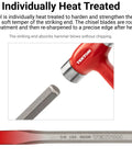 One Inch Cold Chisel Heavy Duty Metal Cutter next to red hammer, showcasing individually heat-treated striking end, Made in USA.