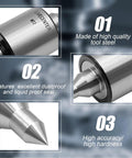 Live Center For Lathe CNC 2MT 60 Degree Morse Taper Long Spindle Tool Built Tough With 220 Lb Load Capacity Ultra Precise 0.000197 Inch Accuracy Heavy Duty MT2 Lathe Center For CNC Machining, showcasing key features and high-quality tool steel construction.