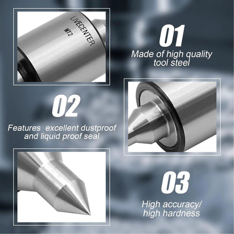 Live Center For Lathe CNC 2MT 60 Degree Morse Taper Long Spindle Tool Built Tough With 220 Lb Load Capacity Ultra Precise 0.000197 Inch Accuracy Heavy Duty MT2 Lathe Center For CNC Machining, showcasing key features and high-quality tool steel construction.