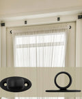 Rock Solid Stainless Steel Closet Rod Flange With Rust Proof Pipe Bracket And Complete Screw Anchor Kit in black mounts holding curtains.
