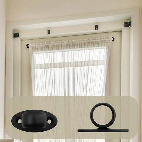 Rock Solid Stainless Steel Closet Rod Flange With Rust Proof Pipe Bracket And Complete Screw Anchor Kit in black mounts holding curtains.