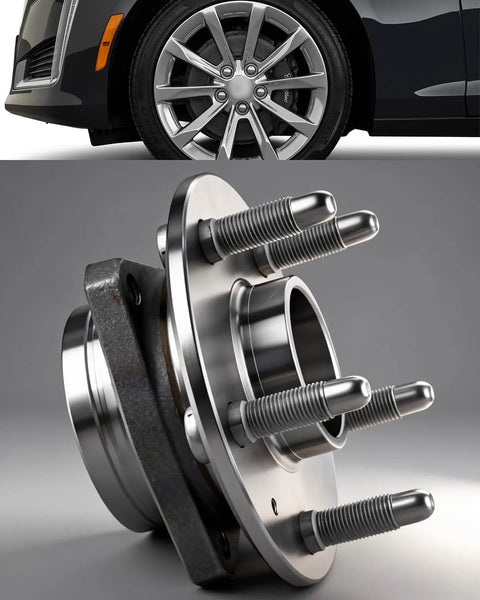 2 Pack Beefed Up Front And Rear Wheel Bearing And Hub Assembly For 2008 To 2019 Cadillac CTS 2010 To 2015 Chevy Camaro And 2018 To 2019 Impala 5 Lug With Encoder ABS Replacement Kit shown close-up and installed on a wheel