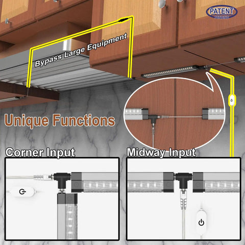 LED Under Cabinet Light Bar with Adjustable Cable Pack of 12, Corner Input, Linkable Touch Lights, installed under cabinets