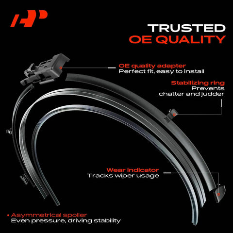 Heavy Duty 24 And 21 Inch Windshield Wiper Blades With Slick All Season Beam Design showing OE quality adapter and stabilizing ring.