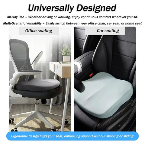 Upgrade Your Ride With This Sleek Grey Non-Slip Car Booster Seat Cushion Perfect For Mini Cooper SE Convertible John Cooper Works Electric And Other Trucks SUVs Or Cars To Boost Driver Height Improve Posture And Enjoy Smoother Longer Drives Today, shown in office and car settings.