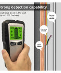 Hella Reliable 4 In 1 Wall Scanner Detector showing detection features for wood, metal, and live wires with green display.