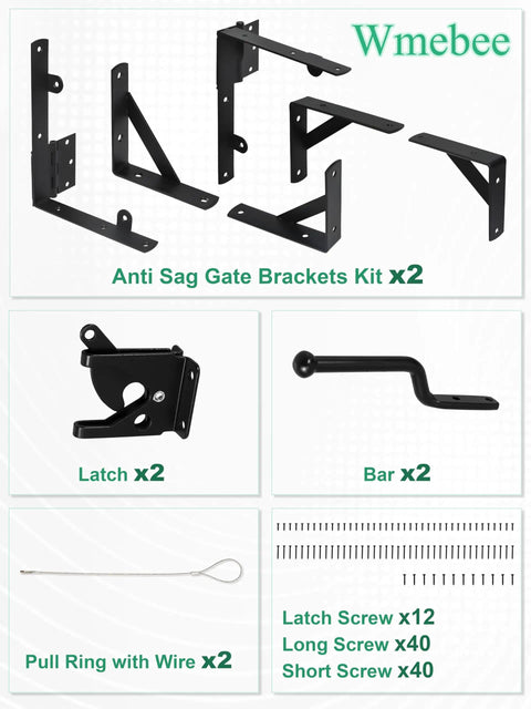 Anti Sag Gate Kit Two Pack Heavy Duty Fence Gate Hardware For Durable Wood And Metal Gates, Steel Construction, Rust Proof Design, Supports Up To 120 Lbs Per Gate, Easy Install And Long Lasting Performance. black steel gate brackets, latch, bar, pull ring, screws
