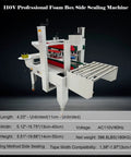 Automatic Foam Box Side Sealing Machine 110V Built Tough Rubber Conveyor Belt Package Tape Sealer For Insulated Coolers Drop Dead Simple Operation 1000 Boxes Hour Adjustable side view with conveyor system and sealing area.