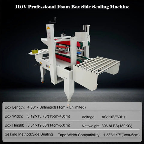 Automatic Foam Box Side Sealing Machine 110V Built Tough Rubber Conveyor Belt Package Tape Sealer For Insulated Coolers Drop Dead Simple Operation 1000 Boxes Hour Adjustable side view with conveyor system and sealing area.