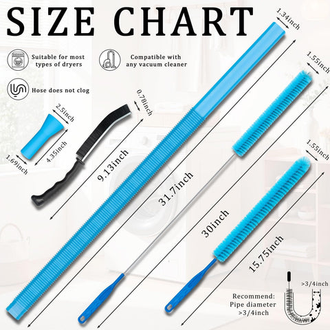 Ultimate Dryer Vent Cleaning Kit With Flexible Brush And Universal Vacuum Attachment size chart and components