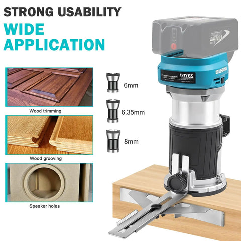 Heavy Duty Cordless Palm Router Built Tough For Job Site Woodworking Runs Buttery Smooth features wood grooving and trimming attachments.