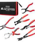 Six Piece Fuel Line Pliers Set For Auto Repair With Hose Clamp Pliers Panel Removal Tool Hose Removal Pliers 30 Degree Push Pin Pliers And Two Electrical Disconnect Tools All In Durable Storage Bag Built For DIY Car Repair