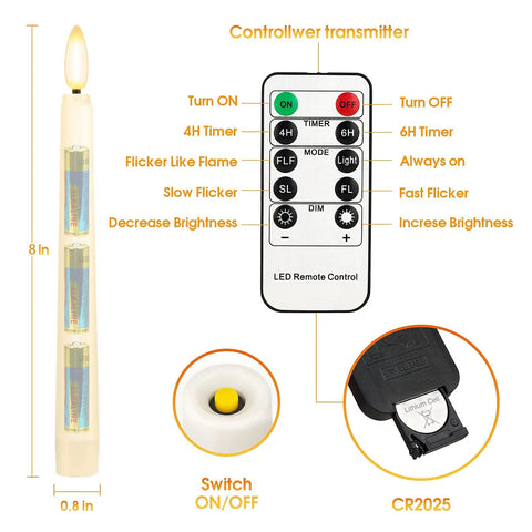 8 Piece Flameless Taper Candles With Two Remotes And Timer Eight Inch 3D Wick Floating Flicker Led Window Candles Battery Operated
