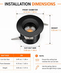 YGS-Tech 4 Pack Mini Recessed LED Lighting dimensions, 2W, 100LM, black downlight with cut-out size diagram.