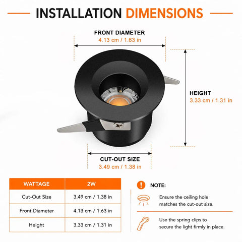 YGS-Tech 4 Pack Mini Recessed LED Lighting dimensions, 2W, 100LM, black downlight with cut-out size diagram.