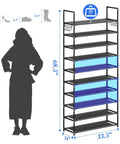 Tall 40-Pair Shoe Rack Organizer, 10-Tier Shelf For Entryway Closet showing size dimensions and storage capacity