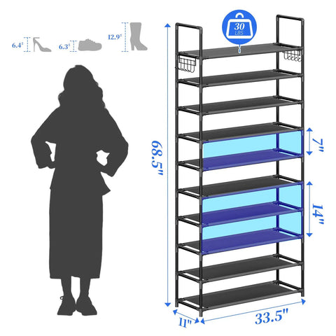 Tall 40-Pair Shoe Rack Organizer, 10-Tier Shelf For Entryway Closet showing size dimensions and storage capacity
