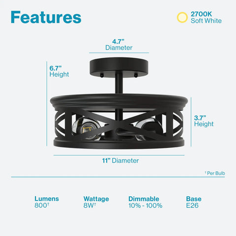 Industrial Dope Semi Flush Ceiling Light Fixture dimensions and features with E26 base and dimmable Edison LED bulbs included.