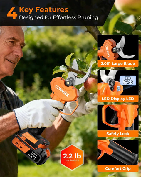 Cordless Electric Pruning Shears with 2.05-inch blade, LED display, safety lock, comfort grip used for garden and tree trimming