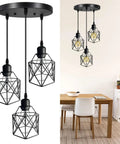 Industrial 3 Light Pendant With Adjustable Cords Vintage Farmhouse Black Metal Cage Light For Kitchen Dining Hallway E26 Base Ceiling Fixture For Any Room Decor in dining room setting.