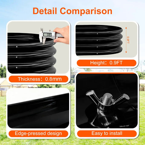 Detail comparison showing features of Two Pack Raised Garden Bed Oval Metal Planter Boxes GRS Certified Recycled Metal Rust Resistant