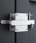 Amagogo Sliding Bolt Gate Latch-Heavy-Duty Steel Construction, Shielded Spray-Coated Finish, Latch with Double-Sided Handle, for Gates, Silver mounted on a dark gate.