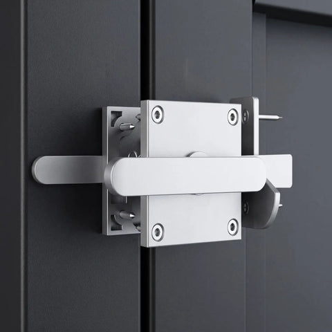 Amagogo Sliding Bolt Gate Latch-Heavy-Duty Steel Construction, Shielded Spray-Coated Finish, Latch with Double-Sided Handle, for Gates, Silver mounted on a dark gate.