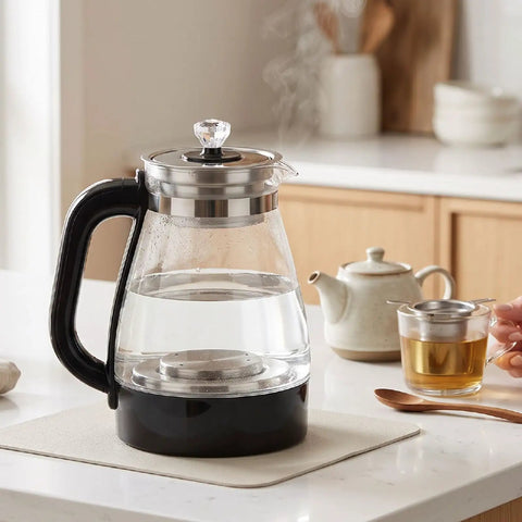 1 Liter Glass Electric Kettle With Keep Warm Function, Rapid Boil Tech, Auto Shut Off Safety, Bpa-Free Borosilicate Build, And An Easy Pour Spout For Your Daily Must Have Morning Routine on a kitchen countertop.