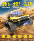 1:10 Scale 4WD RC Truck For Adults And Boys with LED roof lights and headlights in desert setting, high speed, all-terrain