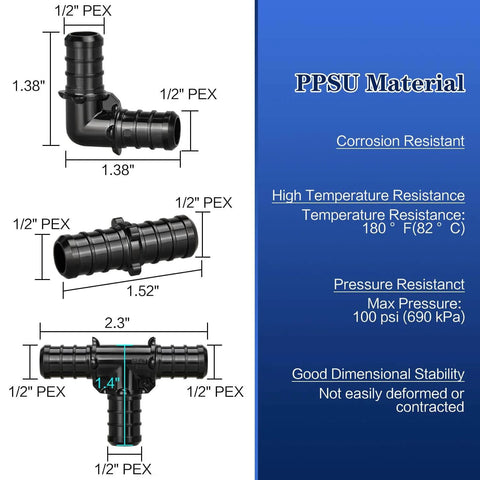 Half Inch Poly PPSU Barb Crimp PEX Fittings Set, 30 Pieces Including 10 Elbows, 10 Straights, 10 Tees, No Lead