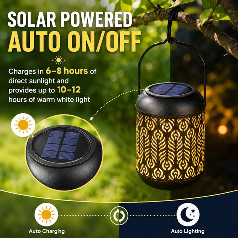 Solar Powered Outdoor Hanging Lanterns For Garden And Patio, Waterproof Landscape Lights With Warm White LED shown hanging