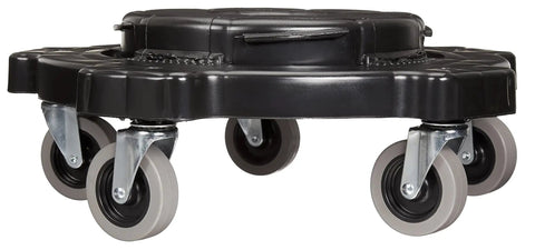 Heavy Duty Rolling Dolly Cage Base For 32 44 55 Gallon Round Barrels Twist Lock Durable Frame Tough Black Transport Cart Two Pack side view of cart with wheels