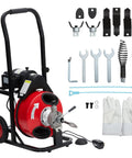 Heavy Duty Electric Drain Snake Auger Knocks Out Stubborn Clogs In Sinks Toilets And Bathtubs Featuring 100 Foot Auto Feed Motor Design with accessories.