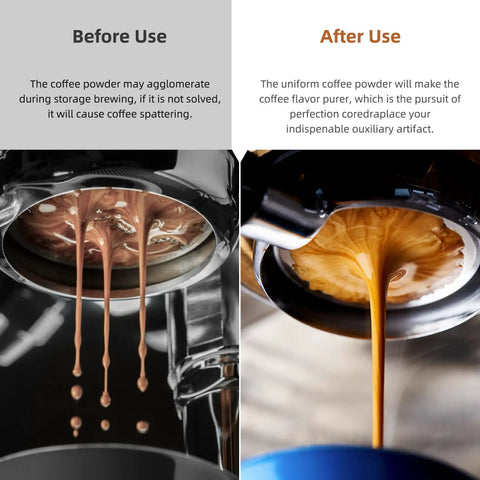 Espresso coffee extraction comparison before and after using Espresso WDT Tool With Walnut Wood Handle For Baristas And Coffee Nerds 0.35mm 10 Thick Spring Needles Distribution Tool With Stand Barista Grade Accessory For Home Or Café.